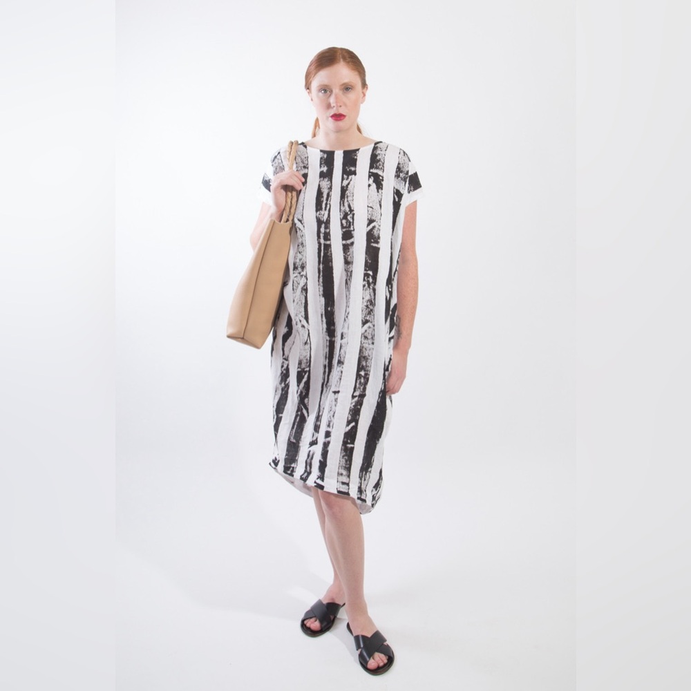 Rare Black Crane Striped Linen Pleated Back Cocoon Dress Sz M